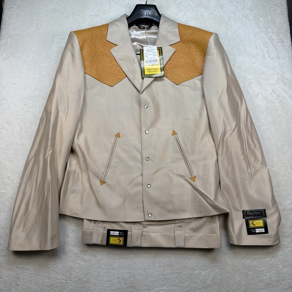 Vintage Western Cowboy Suit Pearl Snap Rodeo Rockabilly Stage Tan 48x40